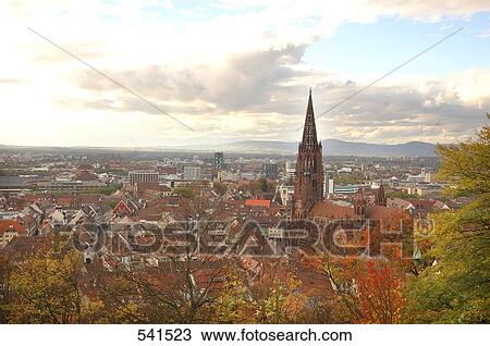 Stock Image - Aerial view of church in city, Freiburg Im Breisgau, Baden-Wurttemberg, Germany . Fotosearch