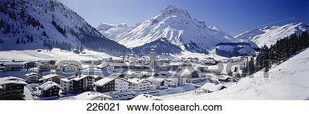 Aerial view of town on snow-covered landscape, Arlberg, Austria View Large Photo Image Stock Image - Aerial view of town on snow-covered landscape, Arlberg, Austria . Fotosearch
