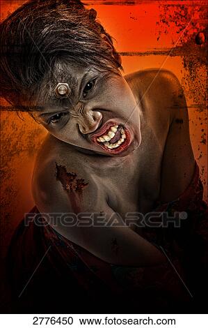 Stock Image - Bolt on screaming young woman's forehead . Fotosearch