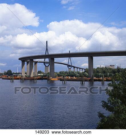 Bridge across river, Kohlbrand Bridge, Hamburg, Germany View Large Photo Image Stock Image - Bridge across river, Kohlbrand Bridge, Hamburg, Germany . Fotosearch