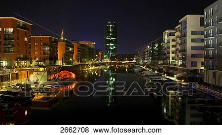 Stock Photo - Buildings lit up at night, Frankfurt, Hesse, Germany . Fotosearch