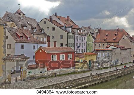 Buildings on the Danube riverbank in the old town of Regensburg, Germany, elevated view View Large Photo Image Picture - Buildings on the Danube riverbank in the old town of Regensburg, Germany, elevated view . Fotosearch