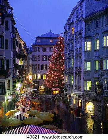 Stock Image - Christmas tree lit up in city, Innsbruck, Tyrol, Austria . Fotosearch