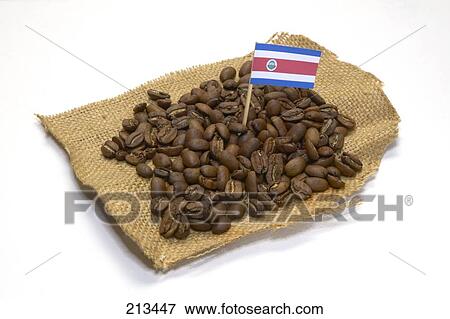 Stock Photo - Close-up of coffee beans on sack and flag of Costa Rica . Fotosearch