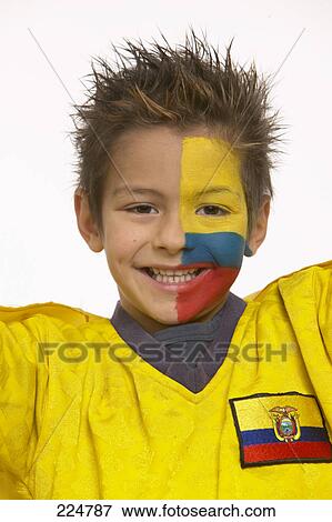 Stock Photo - Close-up of soccer fan with Ecuador painted flag on his face . Fotosearch