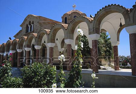 Stock Photography - Colonnade of orthodox church, St. Nektarios Church, Faliraki, Rhodes, Dodecanese Islands, Greece . Fotosearch