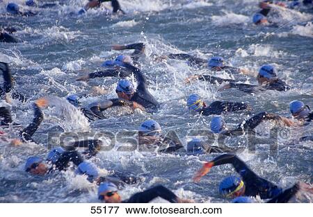 Stock Photo - Crowd of triathletics swimming in water for triathlon . Fotosearch