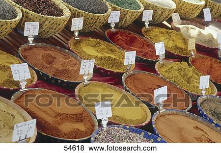 Stock Photo - High angle view of assorted spices in a market, France Europe . Fotosearch