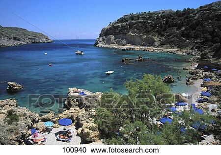 High angle view of beach, Ladiko Beach, Anthony Quinn-Bay, Faliraki, Rhodes, Dodecanese Islands, Greece View Large Photo Image Stock Image - High angle view of beach, Ladiko Beach, Anthony Quinn-Bay, Faliraki, Rhodes, Dodecanese Islands, Greece . Fotosearch