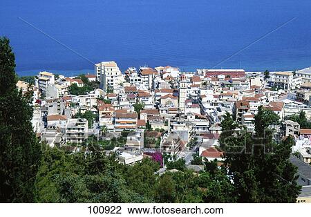 Stock Image - High angle view of church in city, St. Nikolaos Church, Zakynthos, Zakynthos Island, Ionian Islands, Greece . Fotosearch