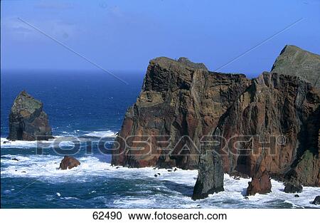 Stock Image - High angle view of cliff along ocean, Ponta Sao Laurenco, Madeira, Portugal, Europe . Fotosearch
