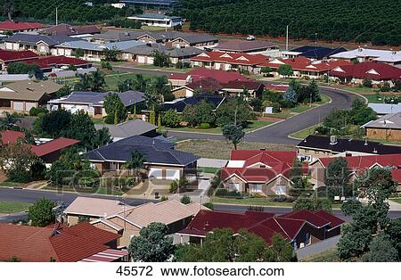 Stock Image - High angle view of houses in town, New South Wales, Australia . Fotosearch
