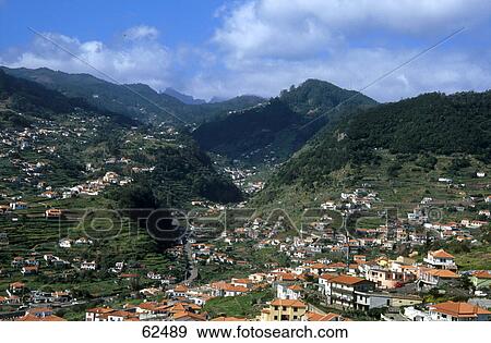 High angle view of town, Machico, Madeira, Portugal View Large Photo Image Stock Photo - High angle view of town, Machico, Madeira, Portugal . Fotosearch