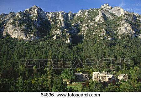 House near mountain, Gorges Du Tarn, France View Large Photo Image Stock Photograph - House near mountain, Gorges Du Tarn, France . Fotosearch