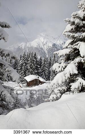 Stock Photo - Hut in a winter landscape, elevated view . Fotosearch