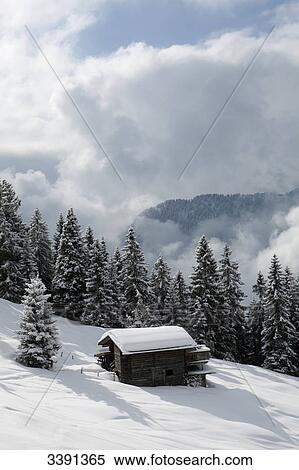 Hut on a snow-covered slope, elevated view View Large Photo Image Stock Photography - Hut on a snow-covered slope, elevated view . Fotosearch