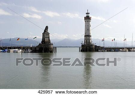 Stock Photo - Lighthouse at harbor, Bodensee, Baden-Wuerttemberg, Germany . Fotosearch