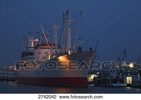 Stock Image - Ship at harbor, Cap San Diego, Koehlbrand Bridge, Hamburg, Germany . Fotosearch