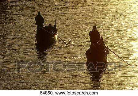 Silhouette of two gondoliers rowing gondolas in canal, Grand Canal, Venice, Italy View Large Photo Image Stock Image - Silhouette of two gondoliers rowing gondolas in canal, Grand Canal, Venice, Italy . Fotosearch