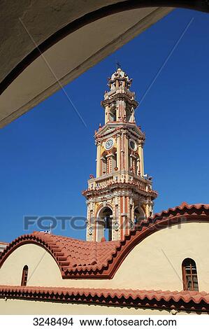 Steeple of the Monastery of Panormitis, Symi, Greece, low angle view View Large Photo Image Picture - Steeple of the Monastery of Panormitis, Symi, Greece, low angle view . Fotosearch