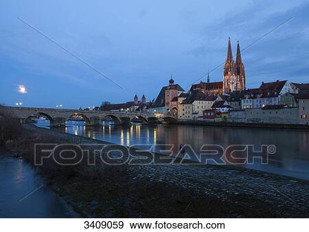 Stone Bridge and old town of Regensburg, Germany View Large Photo Image Stock Photo - Stone Bridge and old town of Regensburg, Germany . Fotosearch