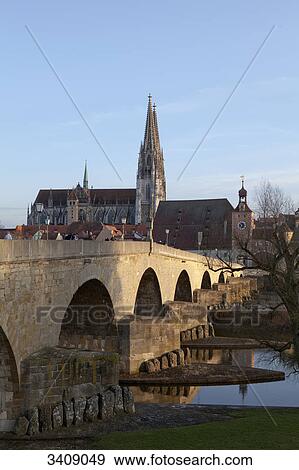 Stone Bridge, Regensburg, Germany View Large Photo Image Stock Photo - Stone Bridge, Regensburg, Germany . Fotosearch