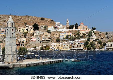 Tower at the port of Symi, Greece, high angle view View Large Photo Image Stock Image - Tower at the port of Symi, Greece, high angle view . Fotosearch