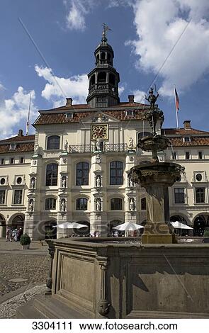 Stock Image - Town hall and Fountain, Lueneburg, Lower Saxony, Germany . Fotosearch
