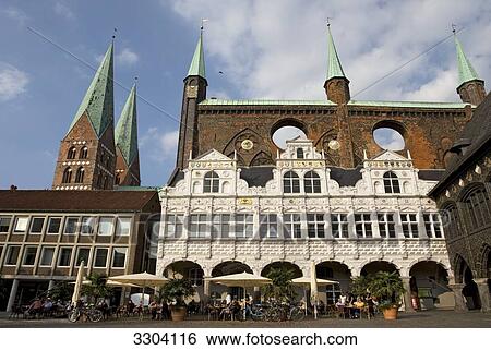 Stock Photograph - Town hall and hurch of Our Lady, Luebeck, Germany . Fotosearch