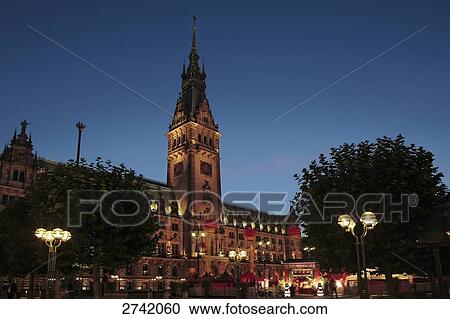 Stock Image - Town Hall lit up at night, Hamburg, Germany . Fotosearch