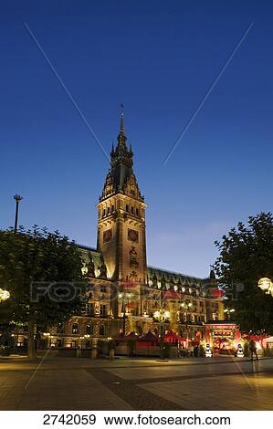 Town Hall lit up at night, Hamburg, Germany View Large Photo Image Stock Photo - Town Hall lit up at night, Hamburg, Germany . Fotosearch