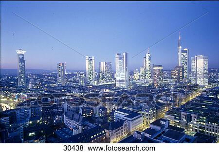 Stock Photo - Aerial view of city at dusk, Frankfurt, Germany . Fotosearch