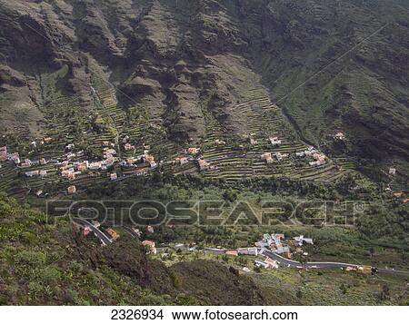 Aerial view of houses in valley, La Gomera, Canary Islands, Spain View Large Photo Image Picture - Aerial view of houses in valley, La Gomera, Canary Islands, Spain . Fotosearch