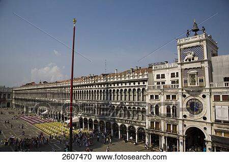 Aerial view of tourists at town square, Torre dell Orologio, Piazza San Marco, St. Mark's Square, Veneto, Venice, Italy View Large Photo Image Stock Image - Aerial view of tourists at town square, Torre dell Orologio, Piazza San Marco, St. Mark's Square, Veneto, Venice, Italy . Fotosearch