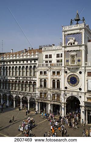 Aerial view of tourists at town square, Torre dell Orologio, Piazza San Marco, St. Mark's Square, Veneto, Venice, Italy View Large Photo Image Stock Photo - Aerial view of tourists at town square, Torre dell Orologio, Piazza San Marco, St. Mark's Square, Veneto, Venice, Italy . Fotosearch
