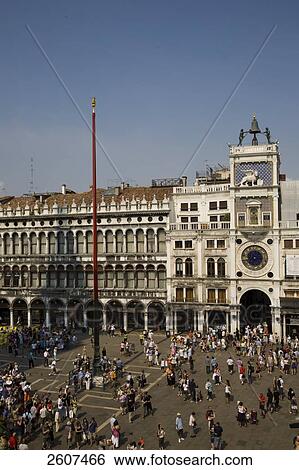 Aerial view of tourists at town square, Piazza San Marco, St. Mark's Square, Veneto, Venice, Italy View Large Photo Image Stock Photograph - Aerial view of tourists at town square, Piazza San Marco, St. Mark's Square, Veneto, Venice, Italy . Fotosearch