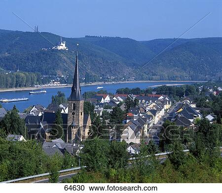 Stock Image - Aerial view of town, Marksburg Castle, River Rhine, Rhineland-Palatinate, Germany . Fotosearch