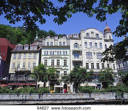 Stock Photo - Buildings in town, Carlsbad, Bohemia, Czech Republic . Fotosearch