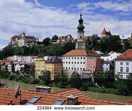 Buildings in town, Salzach, Burghausen, Bavaria, Germany View Large Photo Image Picture - Buildings in town, Salzach, Burghausen, Bavaria, Germany . Fotosearch
