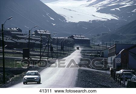 Stock Image - Car moving on road, Longyearbyen, Spitsbergen, Norway . Fotosearch