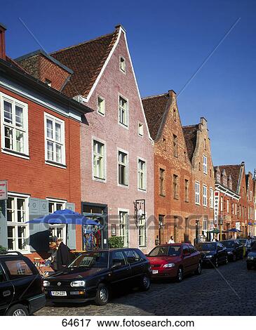Stock Photo - Cars parked in front of houses, Dutch Quarter, Potsdam, Brandenburg, Germany . Fotosearch