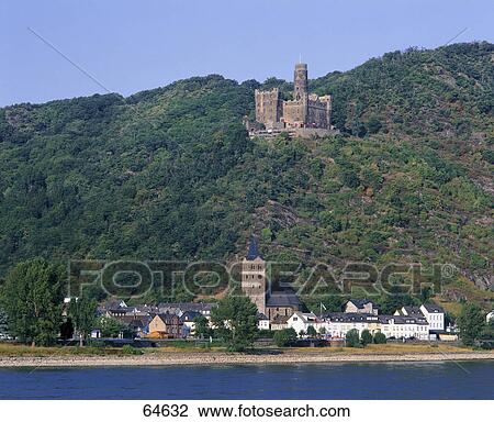 Stock Image - Castle on hill, Burg Katz, St. Goarshausen, Rhineland-Palatinate, Germany . Fotosearch