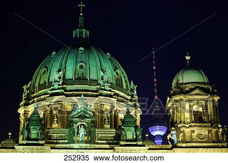Stock Photography - Cathedral with communications tower at night, Berlin Cathedral, Berlin, Germany . Fotosearch