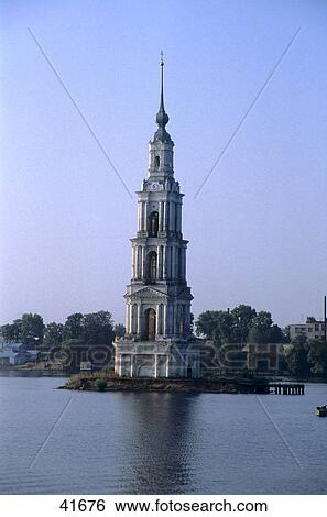 Stock Photograph - Church in river, Volga River, Russia . Fotosearch