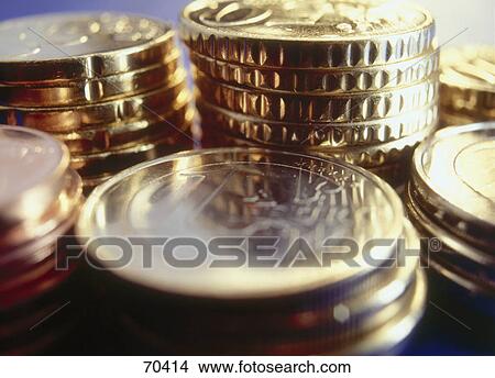 Picture - Close-up of stacks of European Union coins . Fotosearch