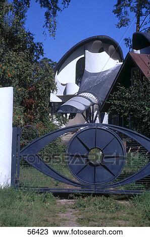 Stock Image - Closed gate leading to modern house, St. Petersburg, Russia . Fotosearch