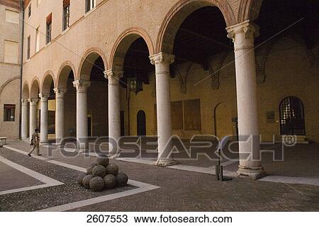 Stock Image - Courtyard of palace, Castello Estense, Ferrara, Emilia-Romagna, Italy . Fotosearch