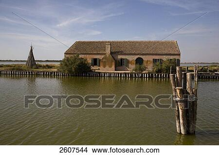 Picture - Farmhouse in field, Valli Di Comacchio, Emilia-Romagna, Italy . Fotosearch