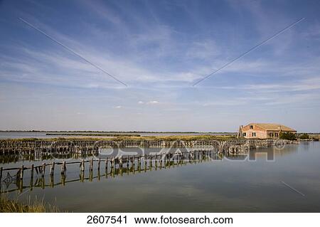 Stock Image - Fish traps in river, Valli Di Comacchio, Emilia-Romagna, Italy . Fotosearch