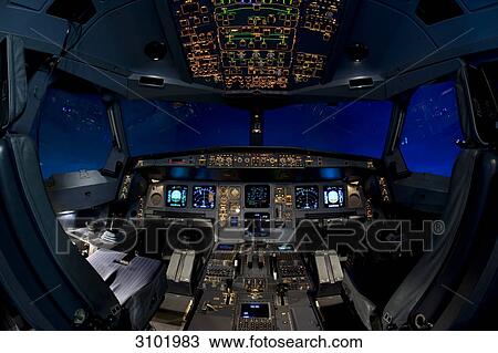 Stock Image - Flight Simulation Center Berlin, ZFB, cockpit of an Airbus A330/340 flight simulator, Berlin, Germany, Europe . Fotosearch